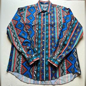 Vintage Wrangler Men’s Shirt XL 17 35 Aztec Navajo Print Western Rodeo Cowboy